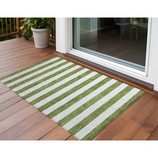 3' X 4' Olive Green Striped Washable Non Skid Indoor Outdoor Area Rug Photo 1