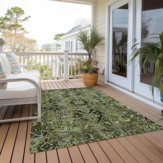 3' X 4' Olive Green and Dark Green Oriental Washable Non Skid Indoor Outdoor Area Rug Photo 8