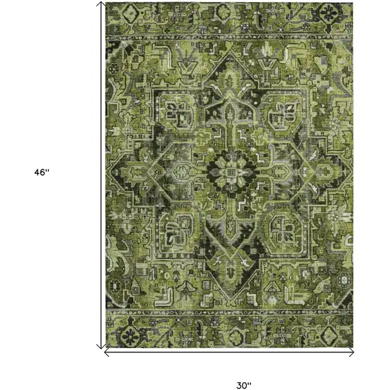 3' X 4' Olive Green and Dark Green Oriental Washable Non Skid Indoor Outdoor Area Rug Photo 3