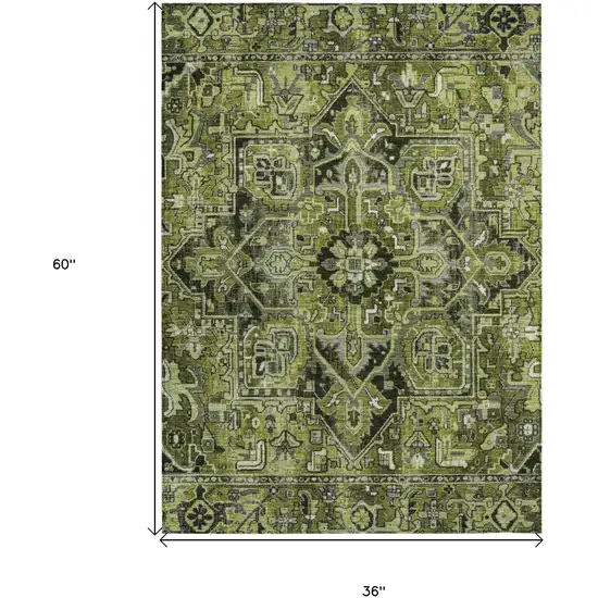 3' X 5' Olive Green and Dark Green Oriental Washable Non Skid Indoor Outdoor Area Rug Photo 3