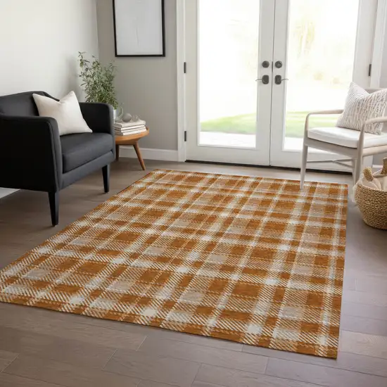 3' X 4' Orange and Ivory Plaid Washable Non Skid Indoor Outdoor Area Rug Photo 9