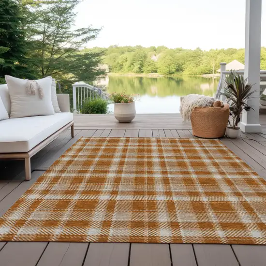 3' X 4' Orange and Ivory Plaid Washable Non Skid Indoor Outdoor Area Rug Photo 8