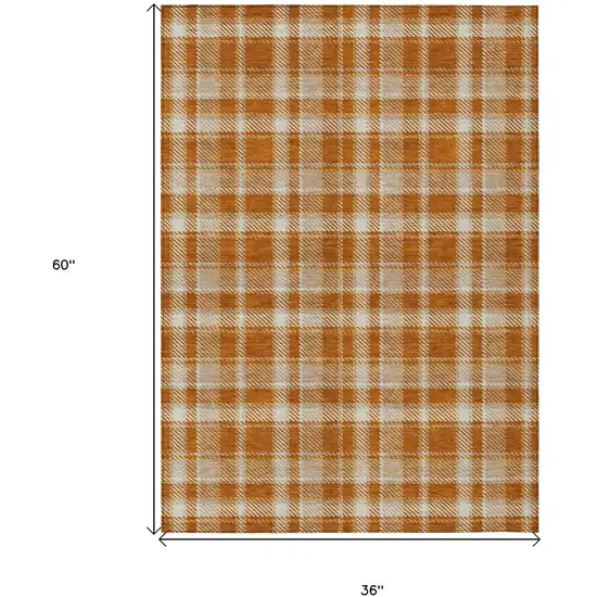 3' X 5' Orange and Ivory Plaid Washable Non Skid Indoor Outdoor Area Rug Photo 3