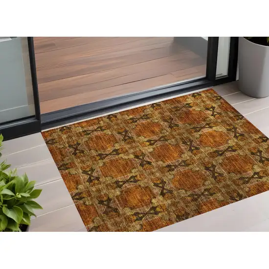 3' X 4' Orange and Rust Floral Medallion Washable Non Skid Indoor Outdoor Area Rug Photo 1