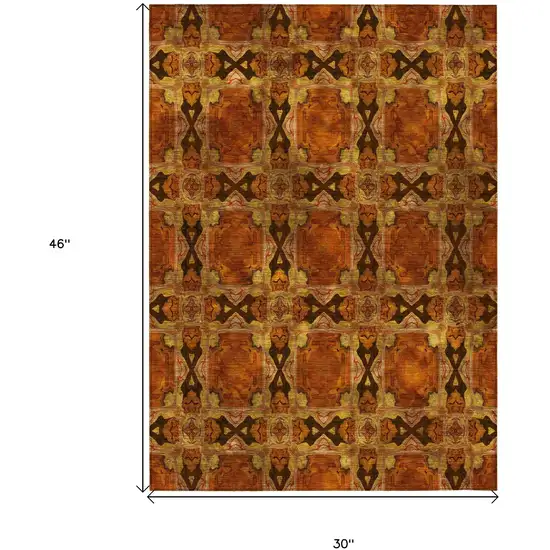 3' X 4' Orange and Rust Floral Medallion Washable Non Skid Indoor Outdoor Area Rug Photo 3