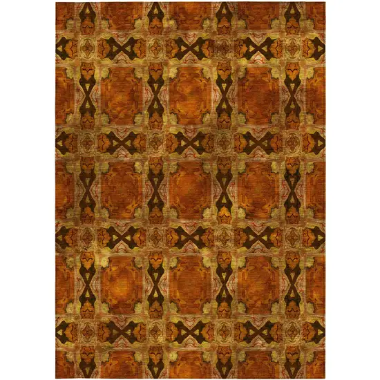 3' X 4' Orange and Rust Floral Medallion Washable Non Skid Indoor Outdoor Area Rug Photo 4