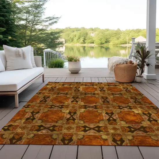 3' X 4' Orange and Rust Floral Medallion Washable Non Skid Indoor Outdoor Area Rug Photo 8