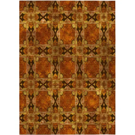 3' X 4' Orange and Rust Floral Medallion Washable Non Skid Indoor Outdoor Area Rug Photo 2