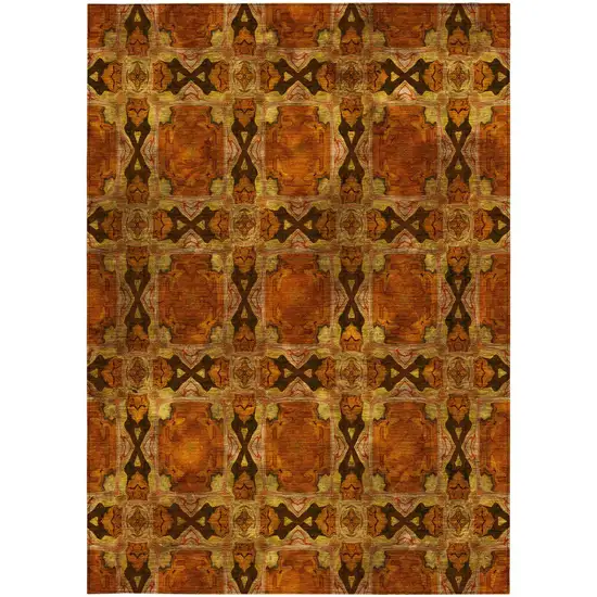 3' X 5' Orange and Rust Floral Medallion Washable Non Skid Indoor Outdoor Area Rug Photo 4