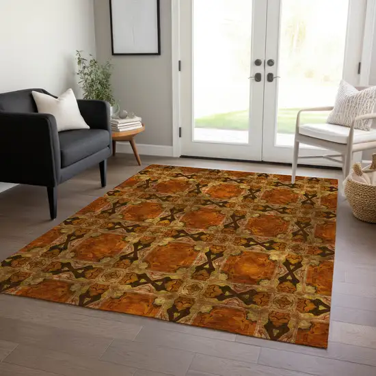 3' X 5' Orange and Rust Floral Medallion Washable Non Skid Indoor Outdoor Area Rug Photo 9