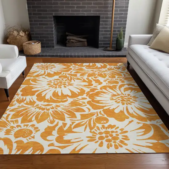 3' X 4' Orange and White Floral Washable Non Skid Indoor Outdoor Area Rug Photo 9