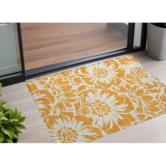 Orange and White Floral Washable Non Skid Indoor Outdoor Area Rug Photo 1