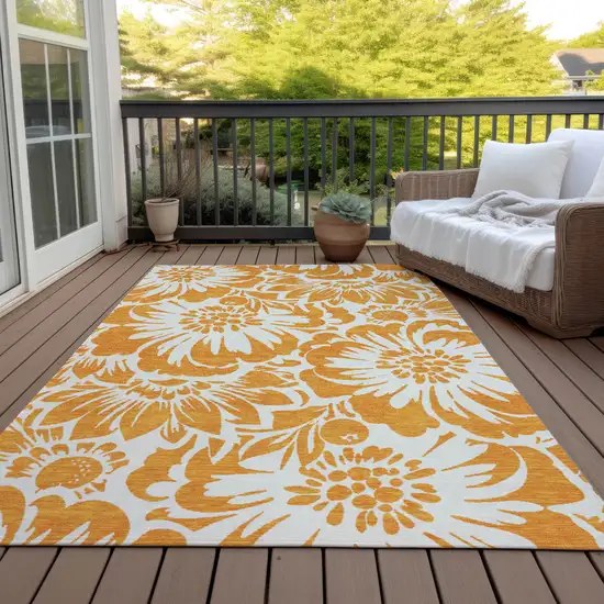 3' X 4' Orange and White Floral Washable Non Skid Indoor Outdoor Area Rug Photo 8