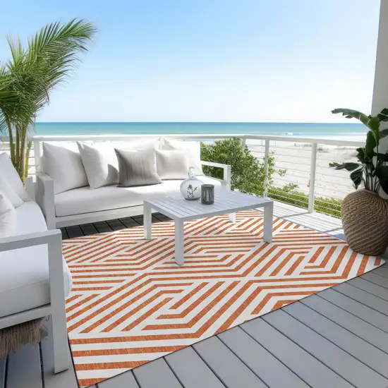 Orange and White Geometric Washable Non Skid Indoor Outdoor Area Rug Photo 8