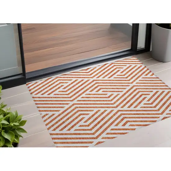 Orange and White Geometric Washable Non Skid Indoor Outdoor Area Rug Photo 1