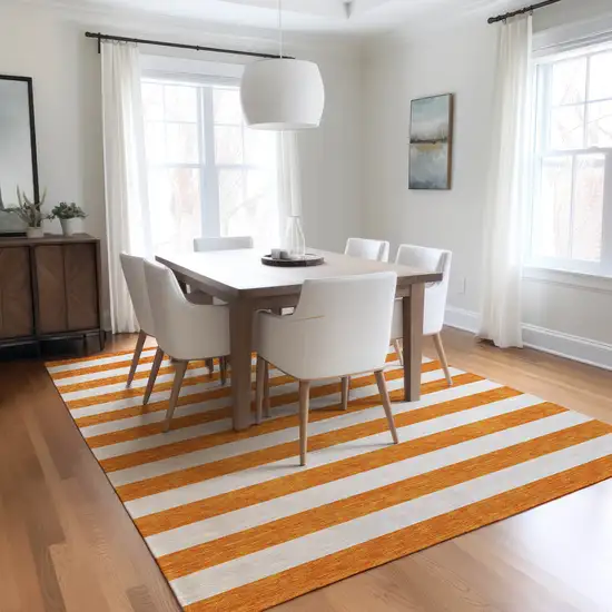 3' X 5' Orange and White Striped Washable Non Skid Indoor Outdoor Area Rug Photo 9