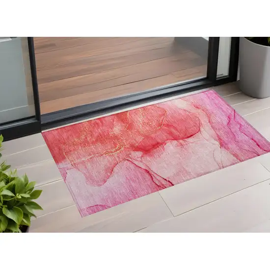 Pink Abstract Washable Non Skid Indoor Outdoor Area Rug Photo 1