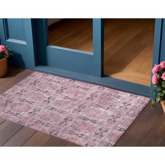 3' X 4' Pink Floral Medallion Washable Non Skid Indoor Outdoor Area Rug Photo 1