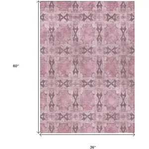 Photo of 3' X 5' Pink Floral Medallion Washable Non Skid Indoor Outdoor Area Rug