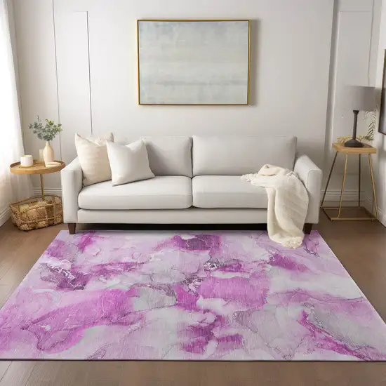 3' X 4' Pink and Ivory Abstract Washable Non Skid Indoor Outdoor Area Rug Photo 9