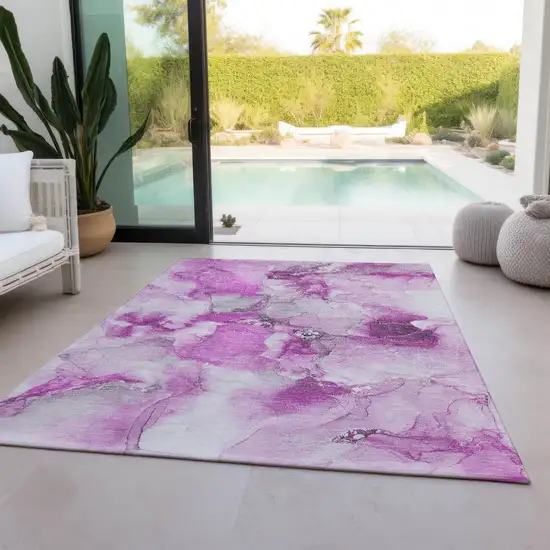 3' X 5' Pink and Ivory Abstract Washable Non Skid Indoor Outdoor Area Rug Photo 8