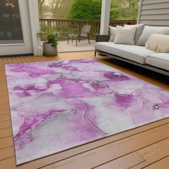 3' X 5' Pink and Ivory Abstract Washable Non Skid Indoor Outdoor Area Rug Photo 9