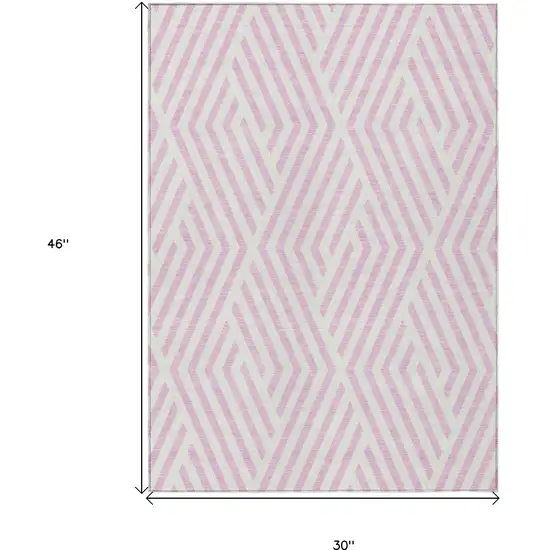 3' X 4' Pink and White Geometric Washable Non Skid Indoor Outdoor Area Rug Photo 3