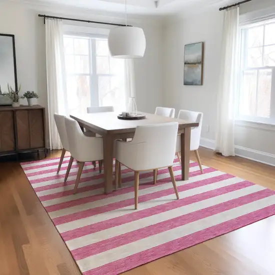 3' X 4' Pink and White Striped Washable Non Skid Indoor Outdoor Area Rug Photo 9