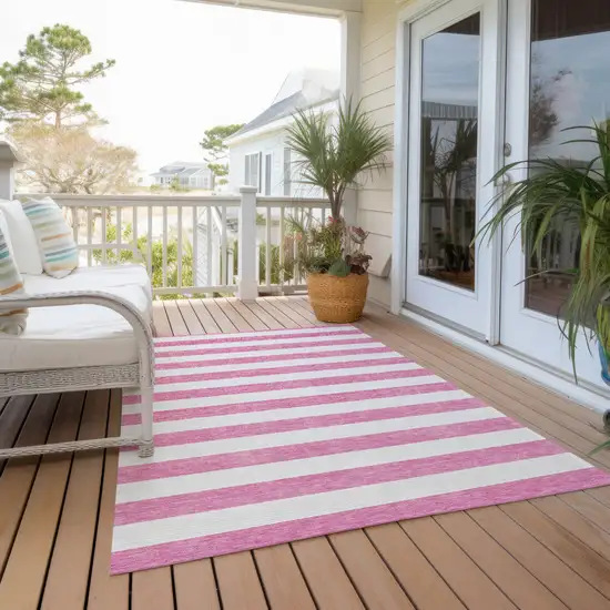 3' X 5' Pink and White Striped Washable Non Skid Indoor Outdoor Area Rug Photo 8