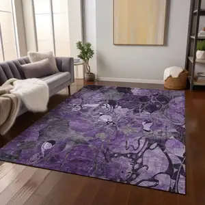 Photo of 3' X 4' Purple Floral Washable Non Skid Indoor Outdoor Area Rug