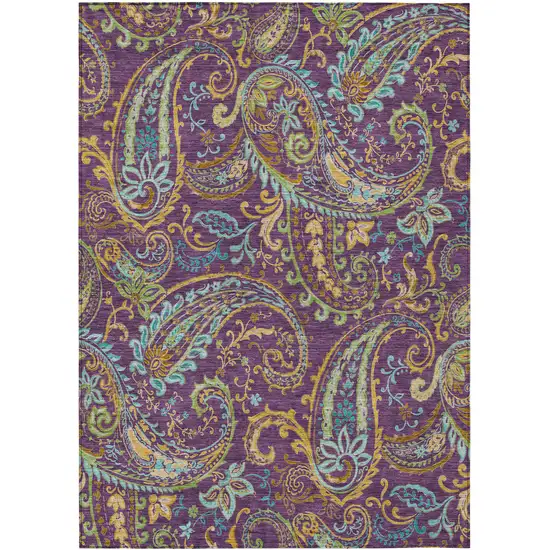 Purple Turquoise and Gold Paisley Washable Non Skid Indoor Outdoor Area Rug Photo 2