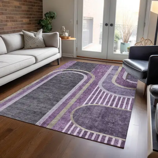 3' X 5' Purple and Black Abstract Washable Non Skid Indoor Outdoor Area Rug Photo 7