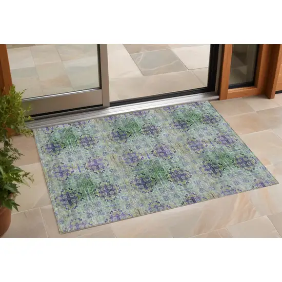 3' X 4' Purple and Green Floral Medallion Washable Non Skid Indoor Outdoor Area Rug Photo 1