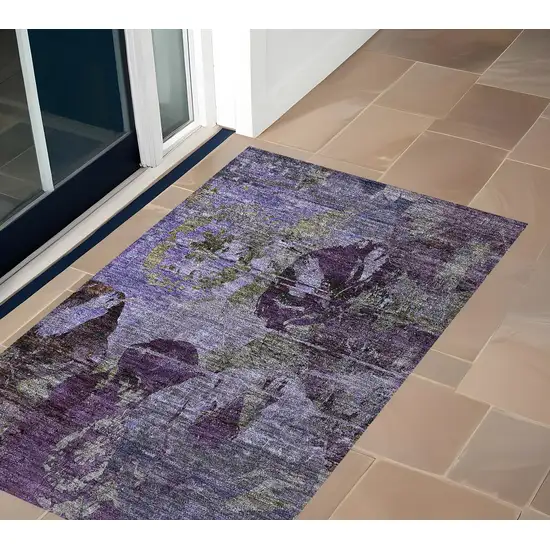 3' X 4' Purple and Green Floral Washable Non Skid Indoor Outdoor Area Rug Photo 1