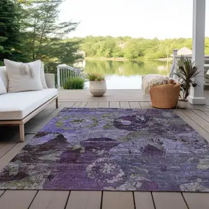 Photo of 3' X 5' Purple and Green Floral Washable Non Skid Indoor Outdoor Area Rug