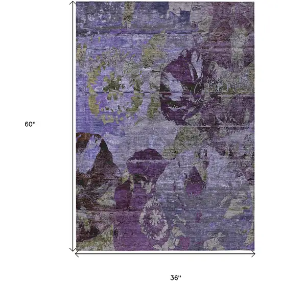 3' X 5' Purple and Green Floral Washable Non Skid Indoor Outdoor Area Rug Photo 3