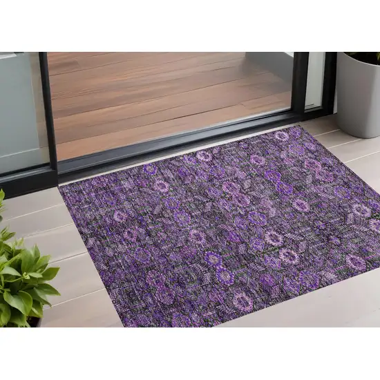 3' X 4' Purple and Green Floral Washable Non Skid Indoor Outdoor Area Rug Photo 1