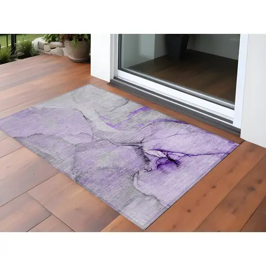 Purple and Ivory Abstract Washable Non Skid Indoor Outdoor Area Rug Photo 1