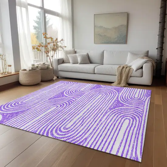 3' X 4' Purple and White Abstract Washable Non Skid Indoor Outdoor Area Rug Photo 8