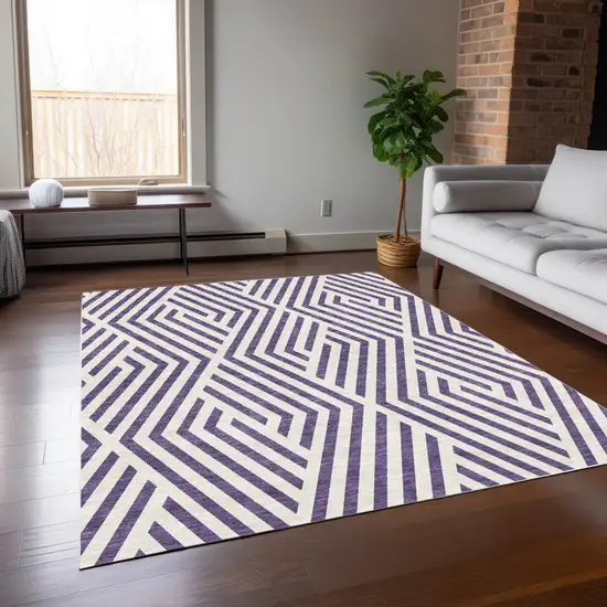 3' X 5' Purple and White Geometric Washable Non Skid Indoor Outdoor Area Rug Photo 9