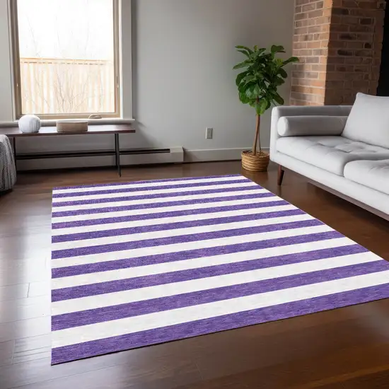 3' X 4' Purple and White Striped Washable Non Skid Indoor Outdoor Area Rug Photo 9