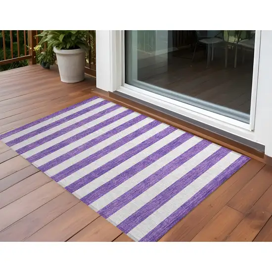 3' X 5' Purple and White Striped Washable Non Skid Indoor Outdoor Area Rug Photo 1