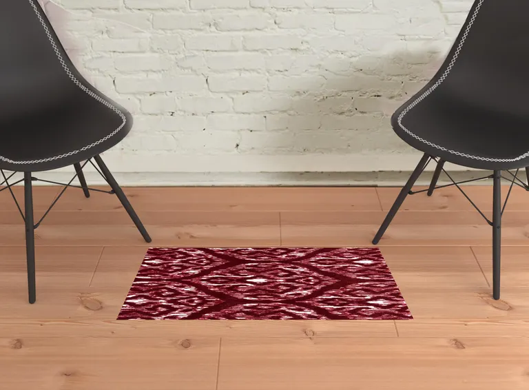 2' X 3' Red And White Ikat Tufted Washable Non Skid Area Rug Photo 2