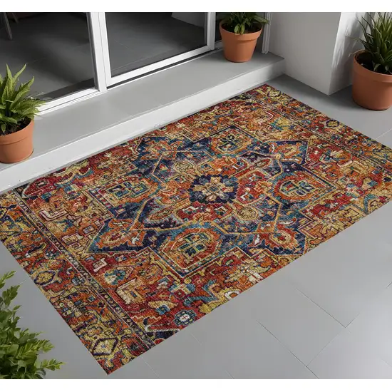 3' X 4' Red Orange and Blue Oriental Washable Non Skid Indoor Outdoor Area Rug Photo 1