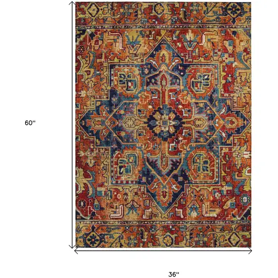 3' X 5' Red Orange and Blue Oriental Washable Non Skid Indoor Outdoor Area Rug Photo 3