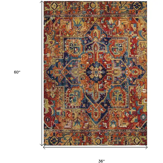 3' X 5' Red Orange and Blue Oriental Washable Non Skid Indoor Outdoor Area Rug Photo 3