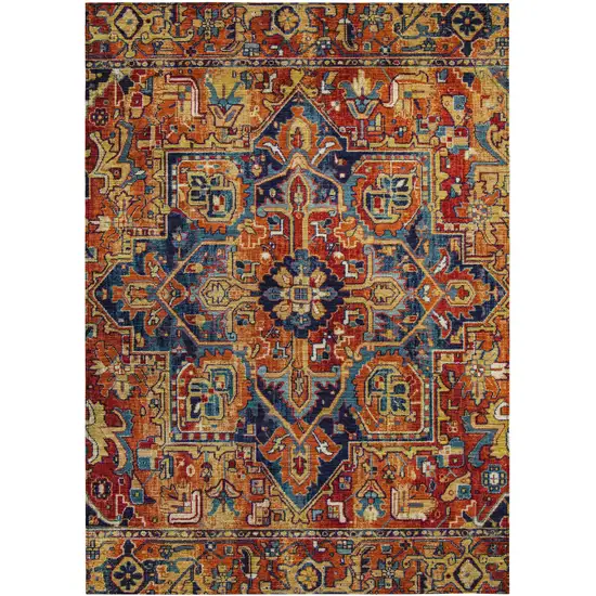 3' X 5' Red Orange and Blue Oriental Washable Non Skid Indoor Outdoor Area Rug Photo 2