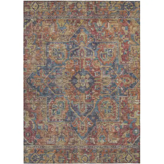 3' X 4' Red Orange and Blue Oriental Washable Non Skid Indoor Outdoor Area Rug Photo 2