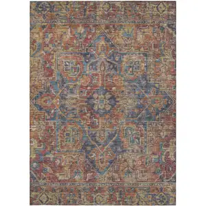 Photo of 3' X 5' Red Orange and Blue Oriental Washable Non Skid Indoor Outdoor Area Rug