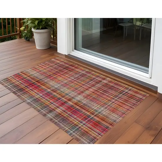 Red Orange and Brown Plaid Washable Non Skid Indoor Outdoor Area Rug Photo 1